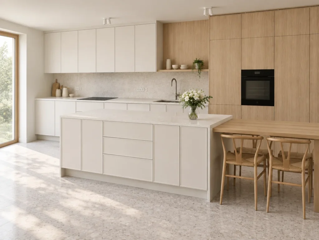 Nordique kitchen pairing pale grey handleless units with light oak tall cabinets and an oak dining table