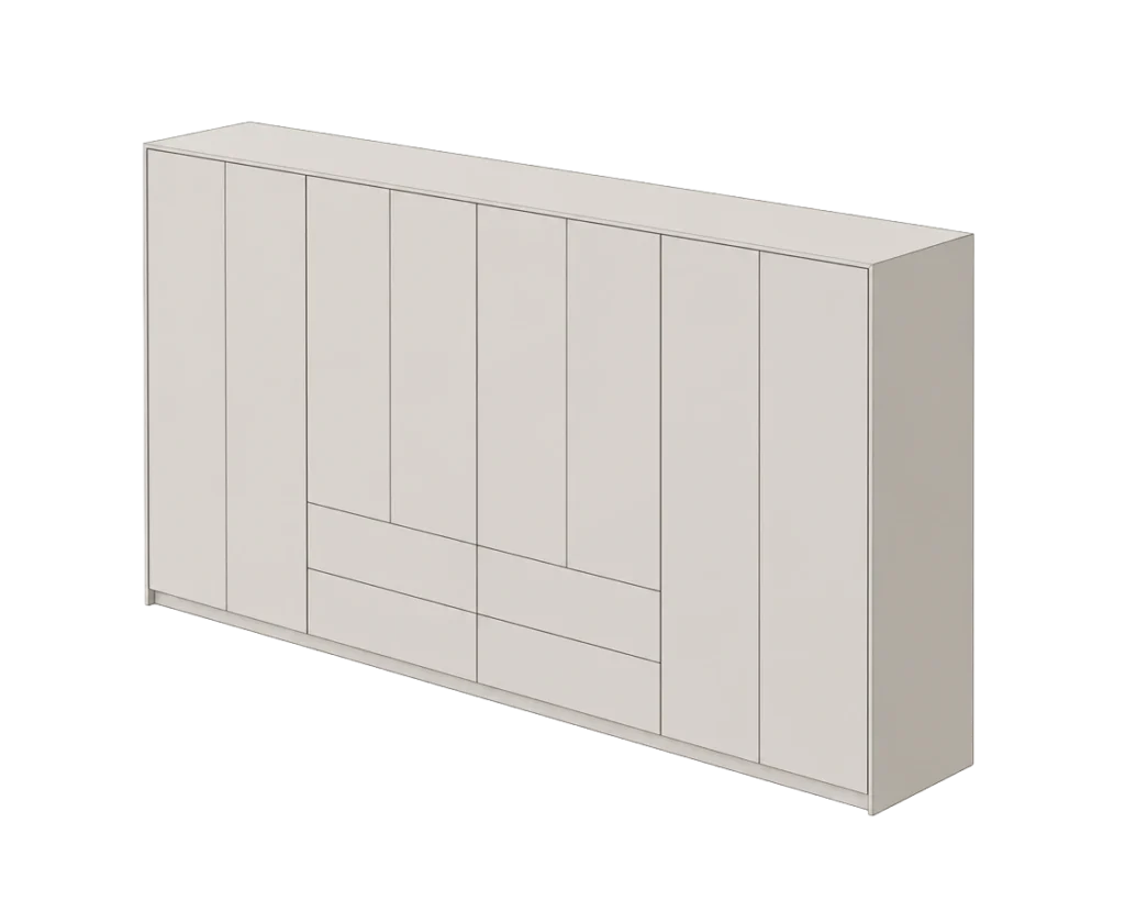 Illustration of a large Nordique wardrobe with pale grey handleless doors and internal drawers