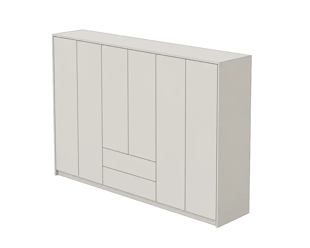 Illustration of a medium Nordique wardrobe with pale grey handleless doors and a pair of internal drawers