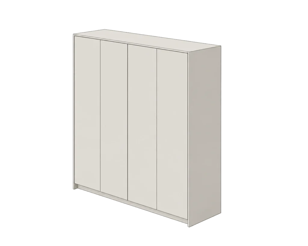 Illustration of a small Nordique wardrobe with four pale grey handleless doors