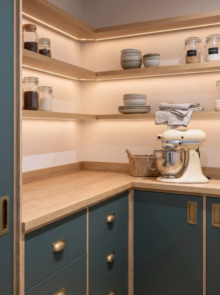 Walk-in pantry with teal oak-edged cupboards, lit oak shelves and a stand mixer