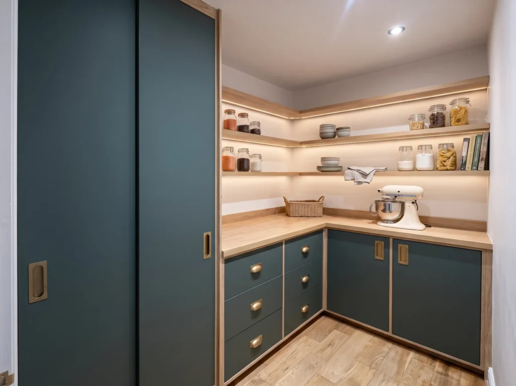 Nordique Teal Pantry with Oak Shelving, Chislehurst