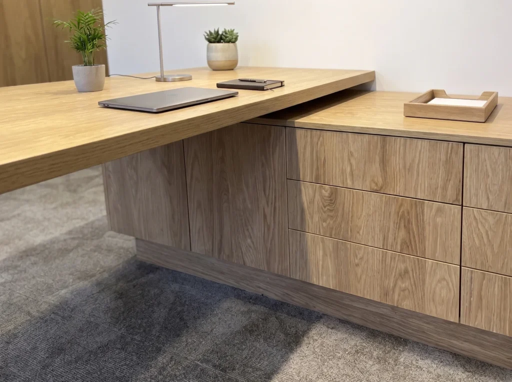 Oak veneered desk with a cantilevered top and a bank of drawers on a grey carpet