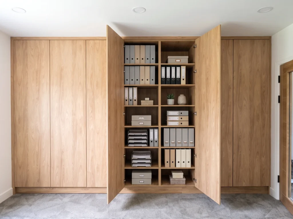 Oak veneered storage wall with one door open to shelves of files