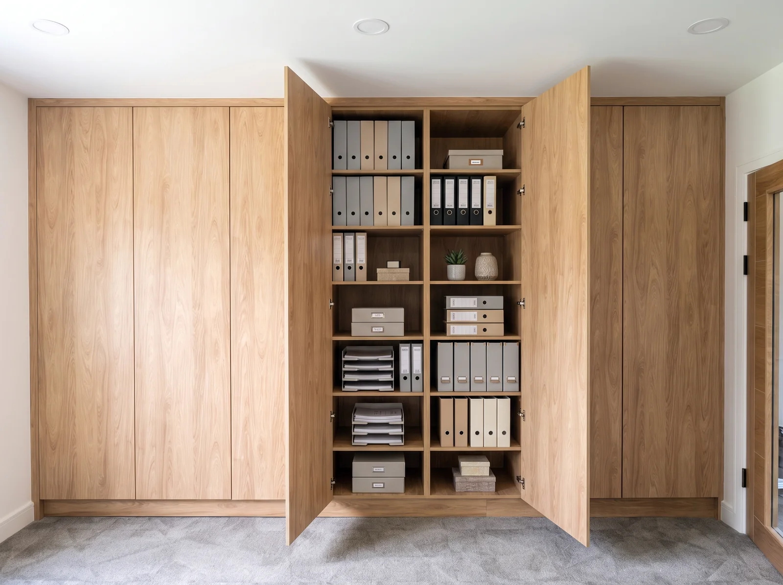 Oak veneered storage wall with one door open to shelves of files