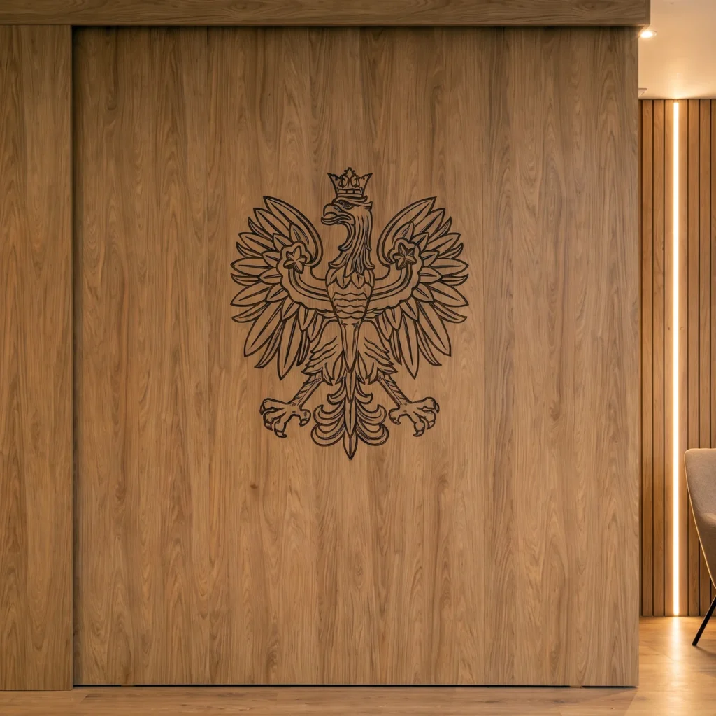 Oak panel engraved with the Polish white eagle emblem