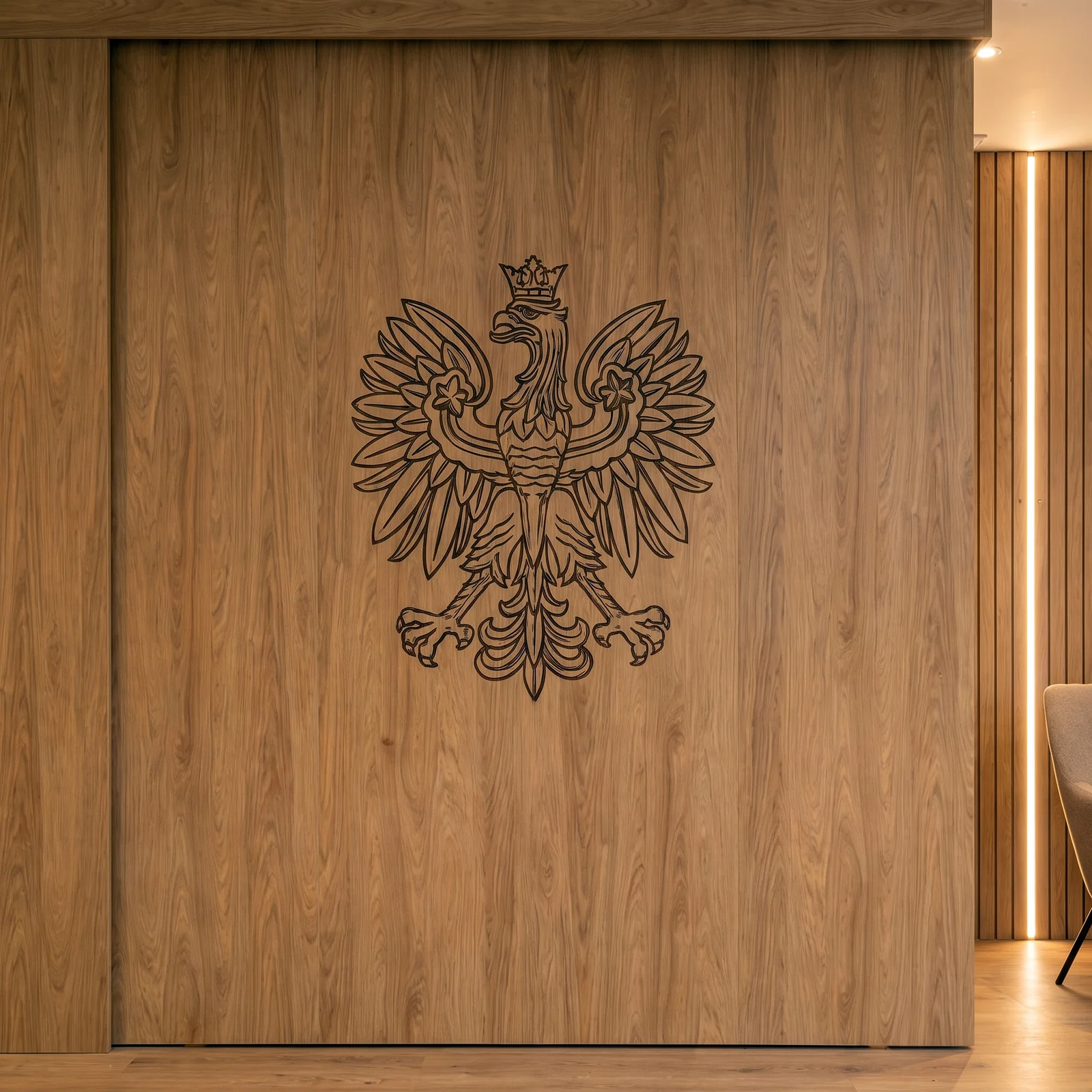 Oak panel engraved with the Polish white eagle emblem