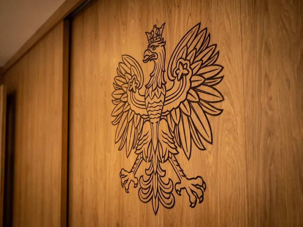 Close-up of the carved eagle emblem on an oak stage panel