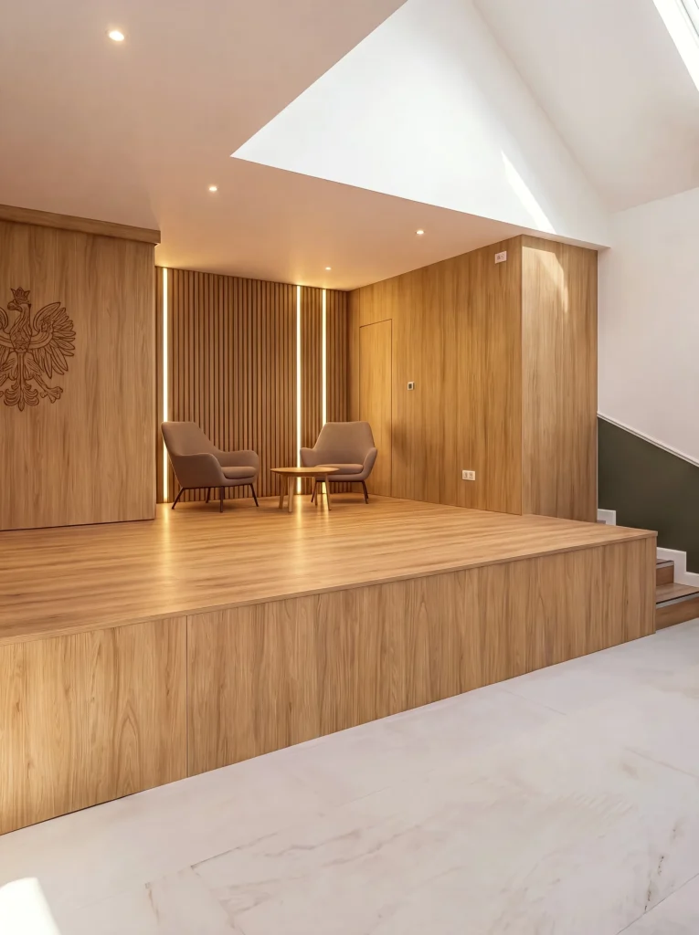 Oak stage with a lit vertical slat wall and two armchairs, seen from the hall floor
