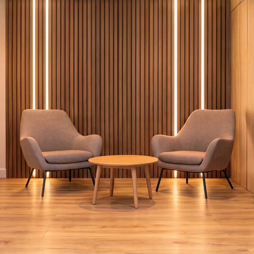 Two armchairs and a round oak table against a lit vertical oak slat wall