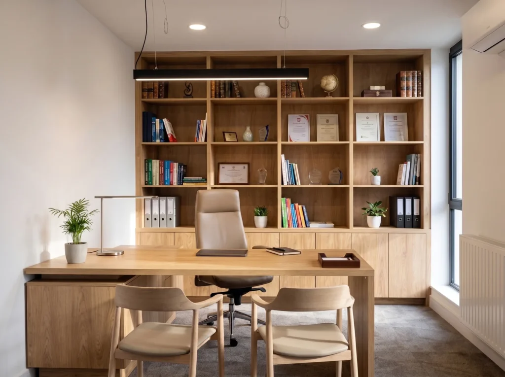 Nordique Oak Office with Desk and Bookcase Wall, Croydon