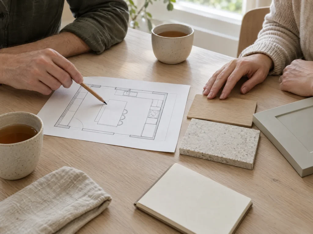 Two people reviewing a kitchen floor plan sketch at a table with worktop and door samples