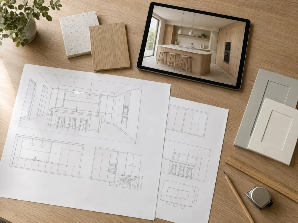 Kitchen design drawings laid out with a tablet render, oak veneer and painted shaker door samples
