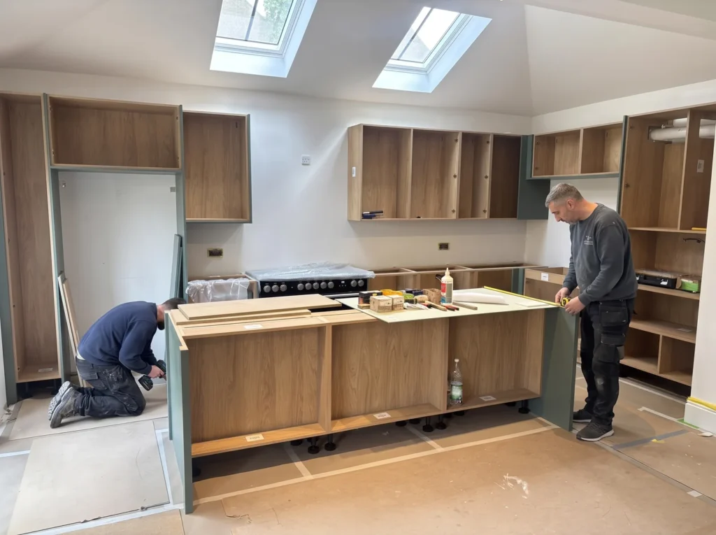 Fitters installing an oak and grey kitchen with an island in a room with skylights