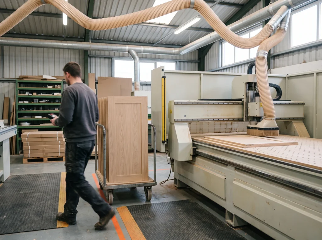Maker moving cut oak panels on a trolley beside a CNC router in the workshop