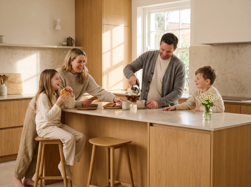 Family sharing breakfast at a light oak kitchen island with oak stools