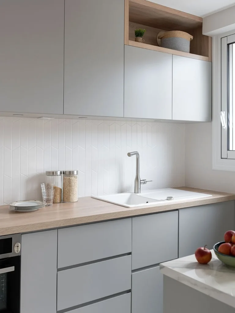 Grey handleless kitchen with an oak worktop and an oak-lined open wall shelf