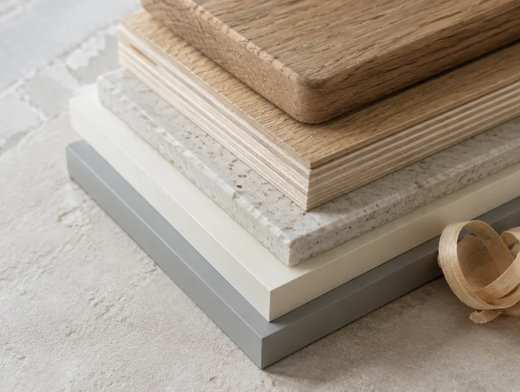 Stacked corner samples of oak veneered board, plywood, MDF and a grey painted panel with a wood shaving