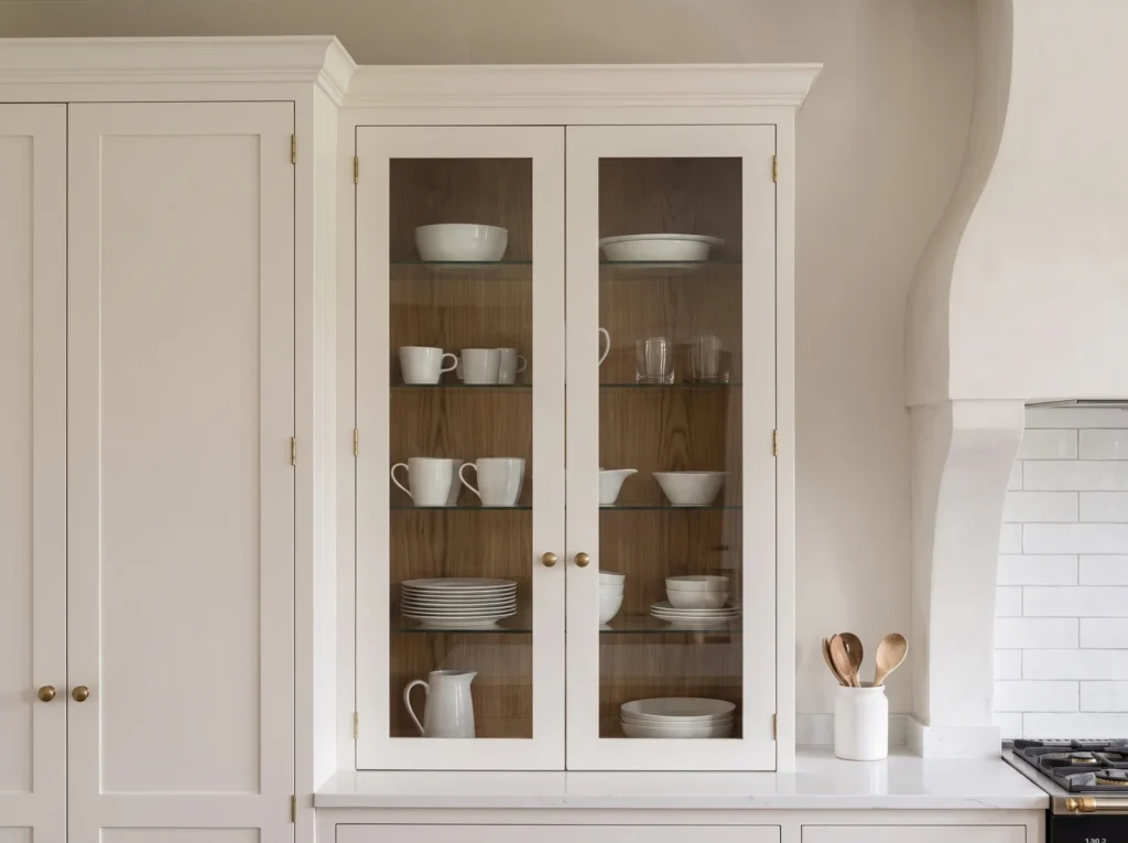 Cream painted glazed display cabinet with brass knobs, holding white crockery beside a curved range hood