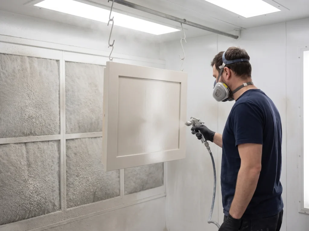 Finisher in a respirator spray-painting a cream shaker door in a spray booth