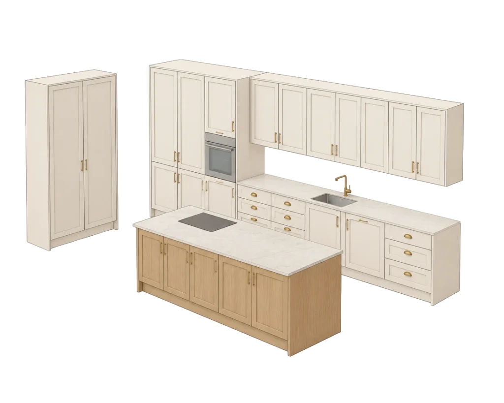 Illustration of a large Traditional kitchen with cream shaker cabinets, brass handles and an oak island