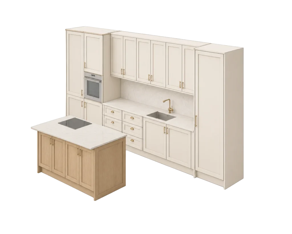 Illustration of a medium Traditional kitchen with cream shaker units, brass handles and a compact oak island
