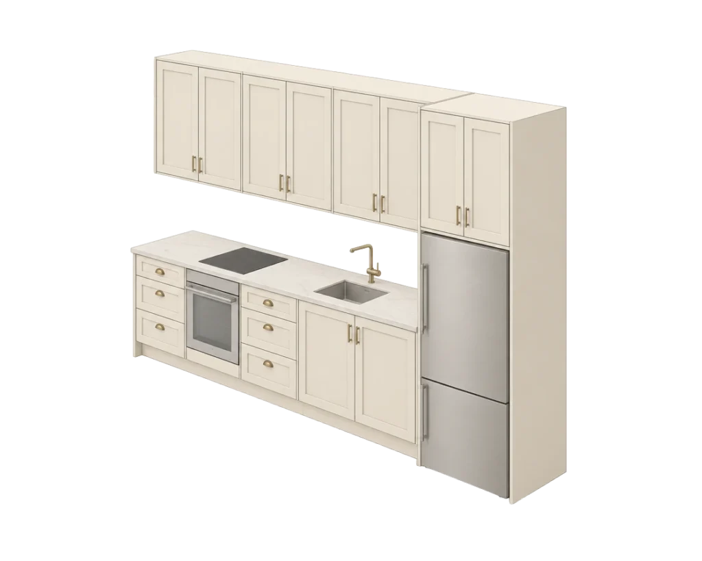 Illustration of a small Traditional kitchen with cream shaker cabinets, brass cup handles and a tall fridge