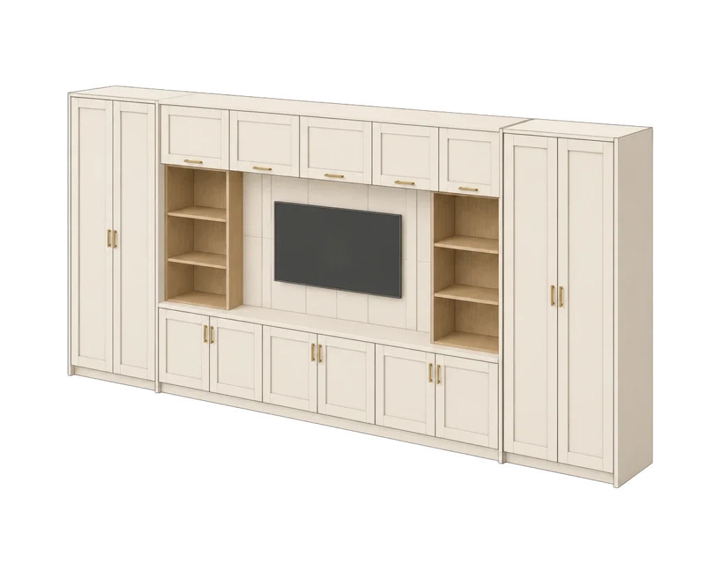 Illustration of a large Traditional media wall with cream shaker cupboards, oak-lined shelves and a central TV