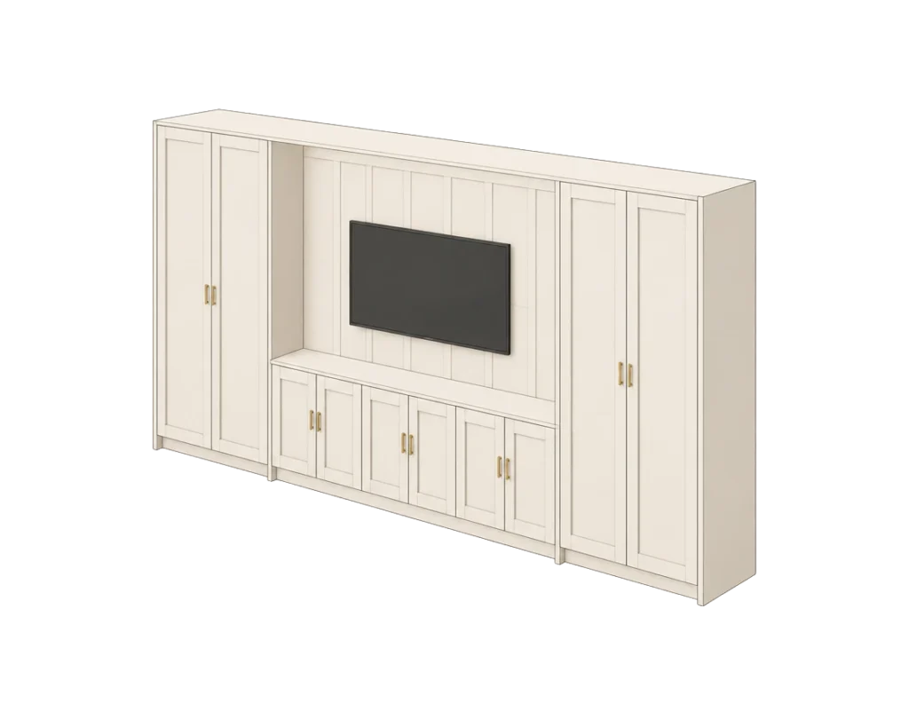 Illustration of a medium Traditional media wall with cream shaker cupboards and brass handles around a TV
