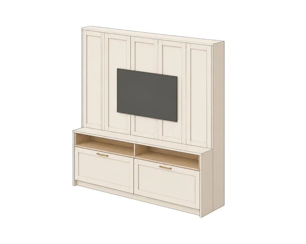 Illustration of a small Traditional media wall with cream shaker panelling above an oak-shelved console