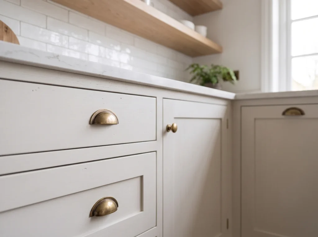 Close-up of cream shaker drawers with brass cup handles beneath a white worktop and oak shelf