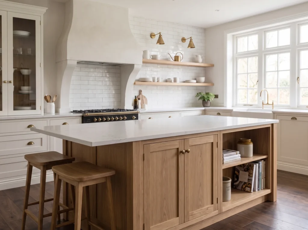 Traditional oak island with open bookshelves and oak stools in a cream shaker kitchen with a range cooker