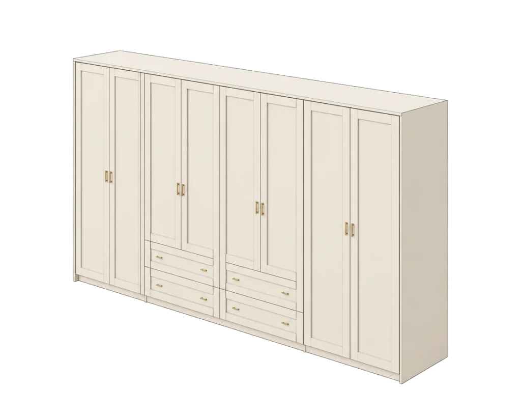 Illustration of a large Traditional wardrobe with cream shaker doors, brass handles and internal drawers