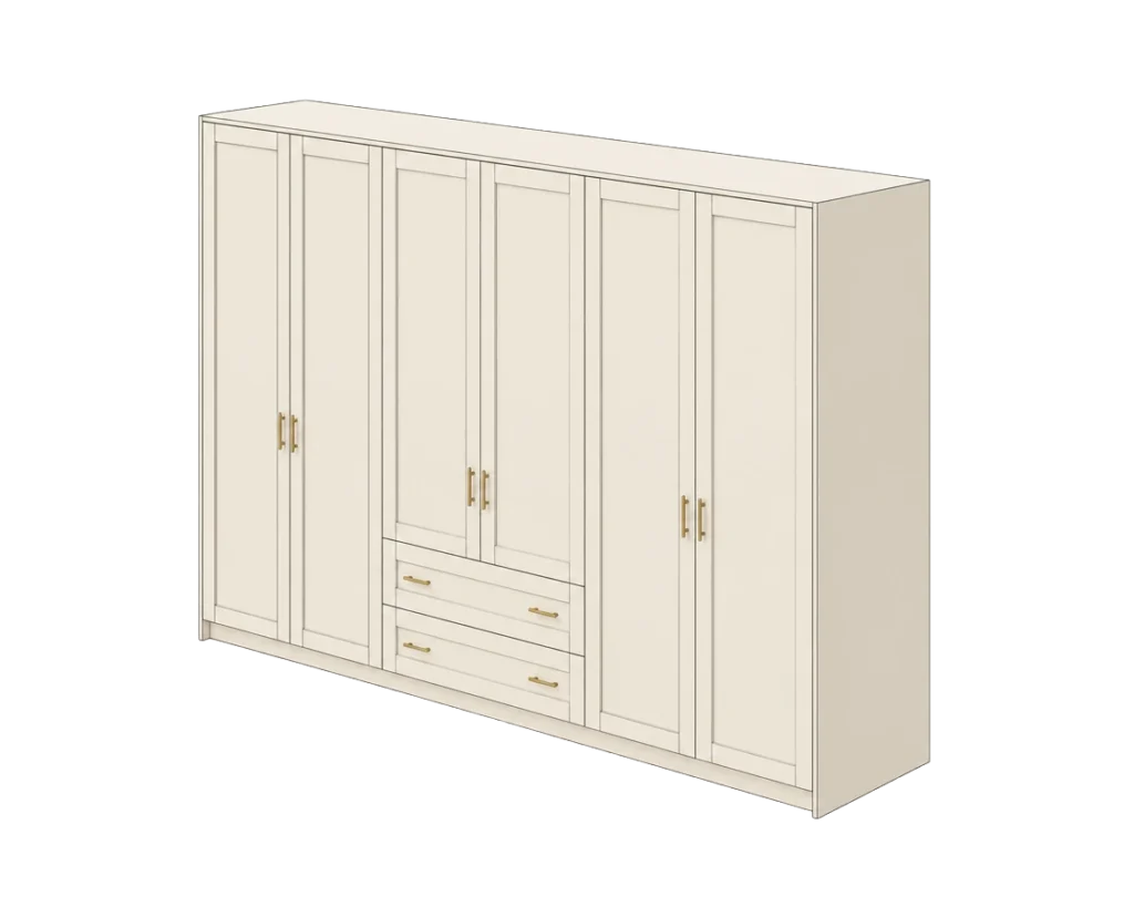 Illustration of a medium Traditional wardrobe with cream shaker doors, brass handles and two drawers