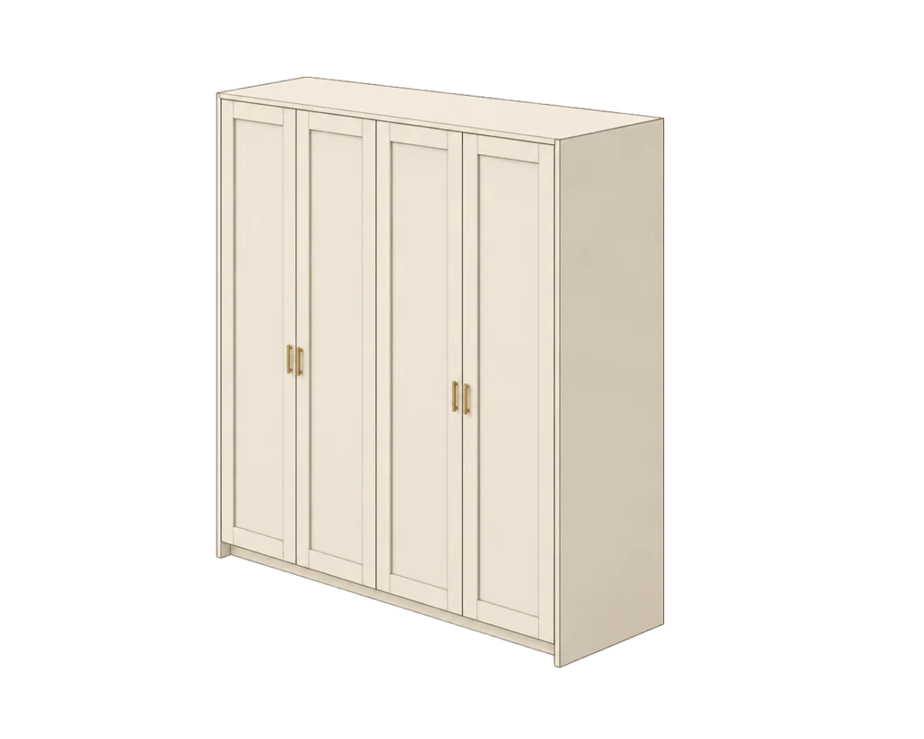 Illustration of a small Traditional wardrobe with four cream shaker doors and brass handles