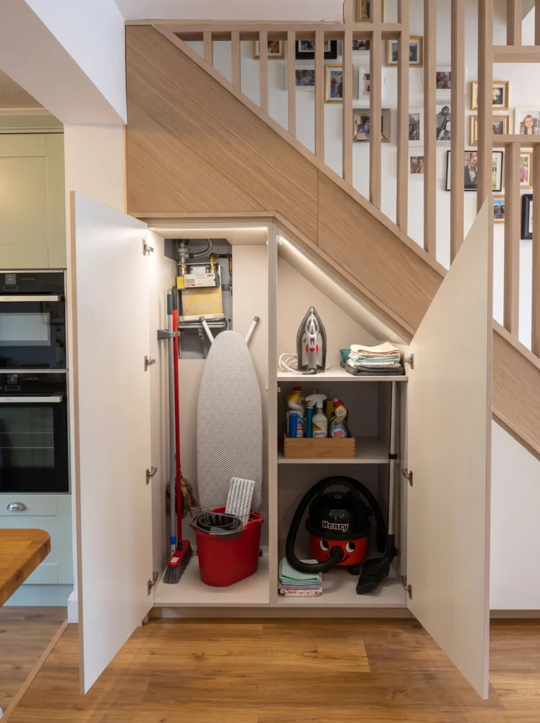 Open understairs cupboard storing a vacuum cleaner, mop and cleaning supplies