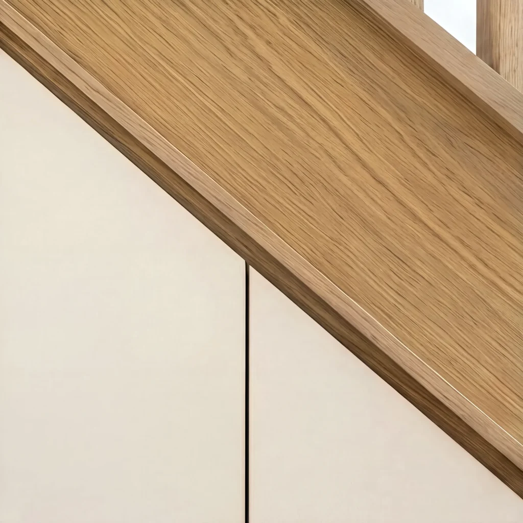 Close-up of an oak stair stringer meeting white understairs cupboard doors
