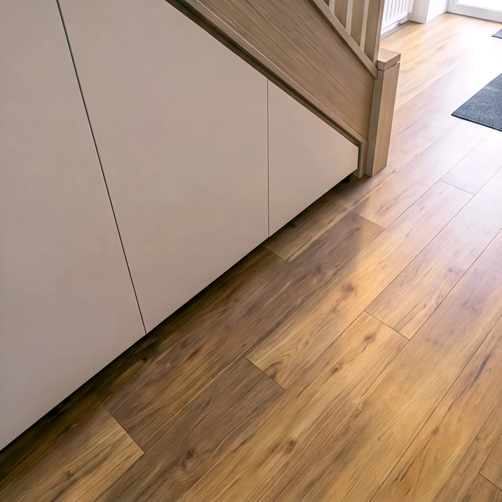 White understairs cupboard doors following the stair line above a wooden floor