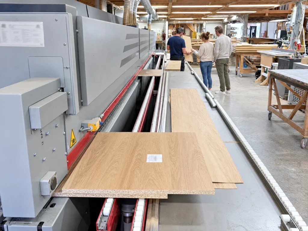 Visitors walking past the edge-banding machine and stacked oak panels in our South East London workshop