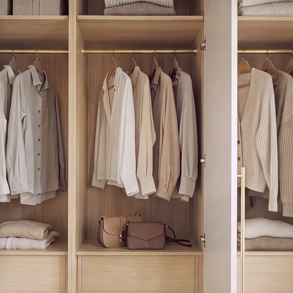 Inside a blush wardrobe with light oak hanging rails holding shirts and folded knitwear