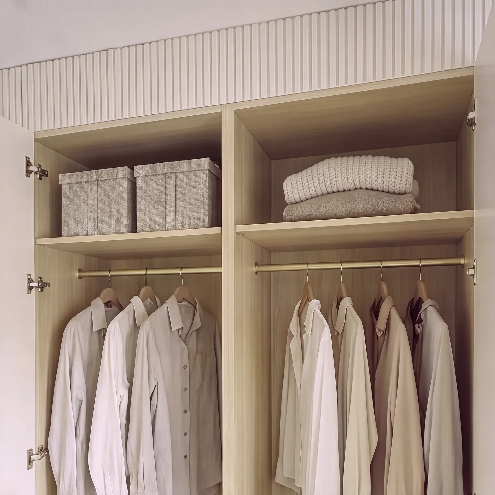 Wardrobe interior with hanging shirts and shelves of storage boxes beneath reeded panelling