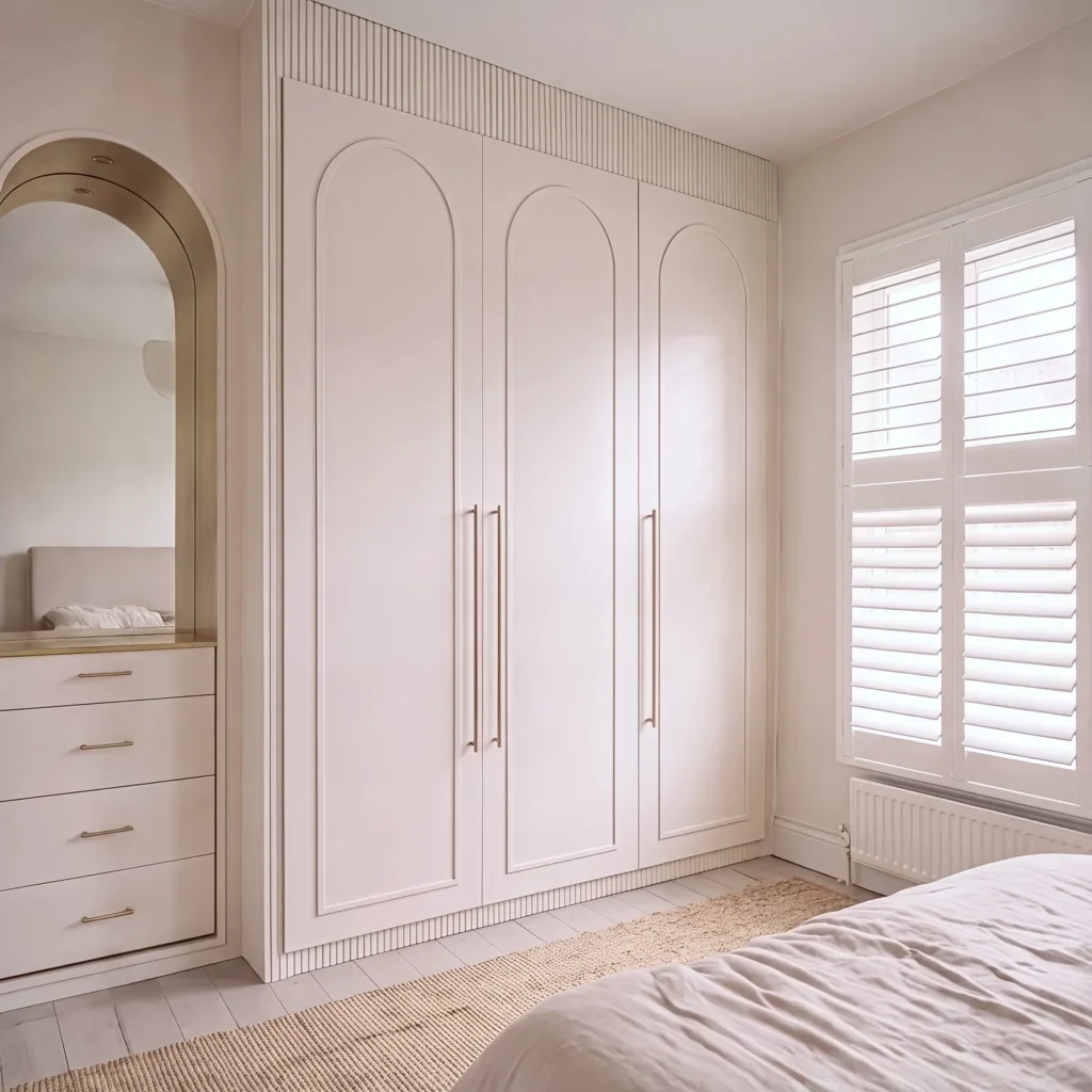 Blush arched wardrobe with a reeded top panel beside an arched mirror alcove and shuttered window