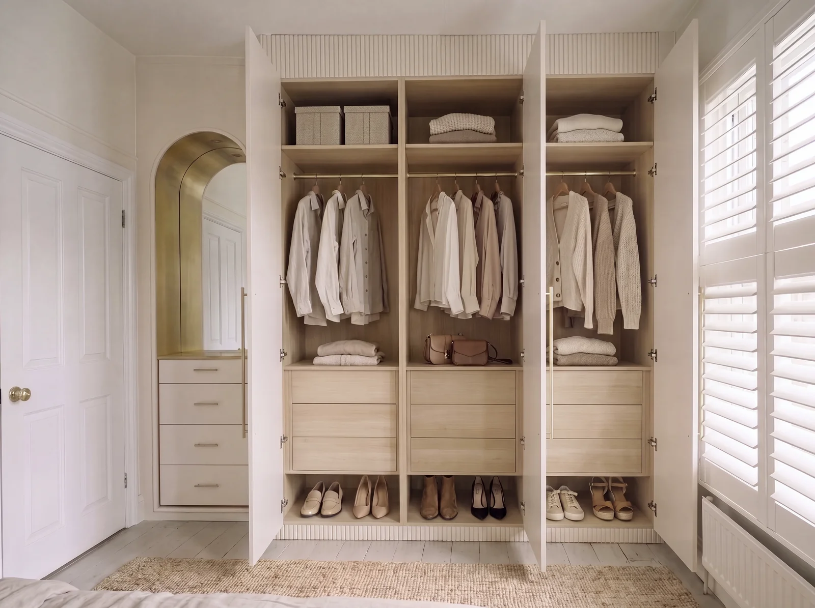 Blush arched wardrobe open to show oak-lined hanging space, shelves and shoe racks