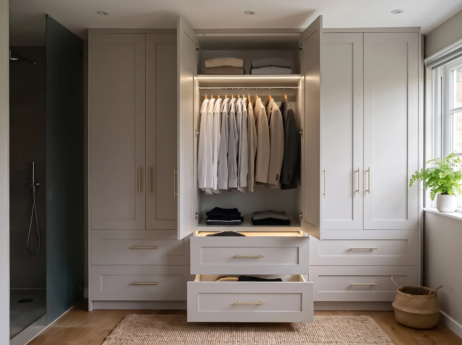 Open pale grey shaker wardrobe with a lit hanging rail and pull-out drawers