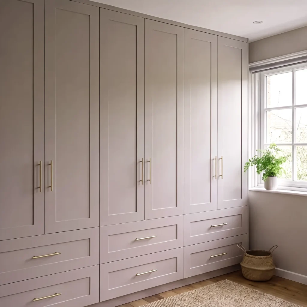 Pale grey shaker wardrobe wall with brass bar handles and deep drawers beside a window