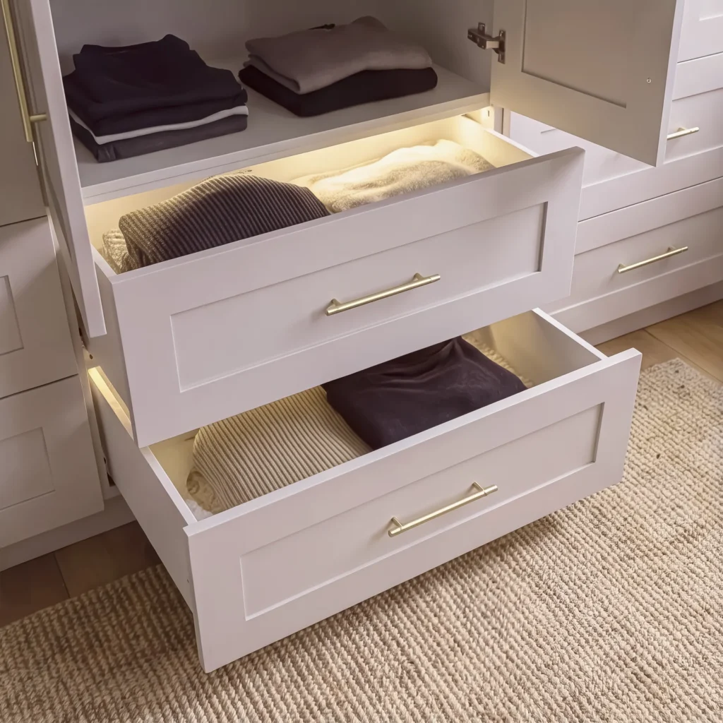 Open grey shaker drawers with lit interiors holding folded jumpers