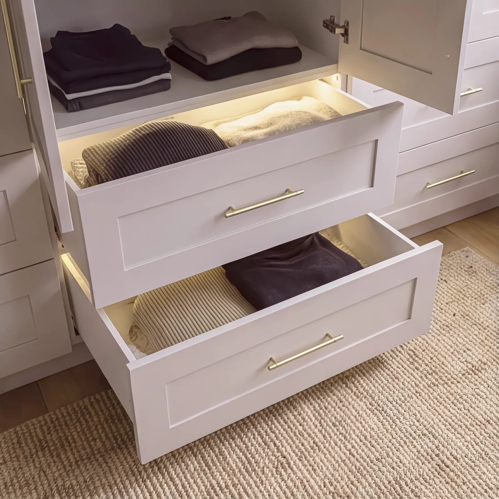 Open grey shaker drawers with lit interiors holding folded jumpers