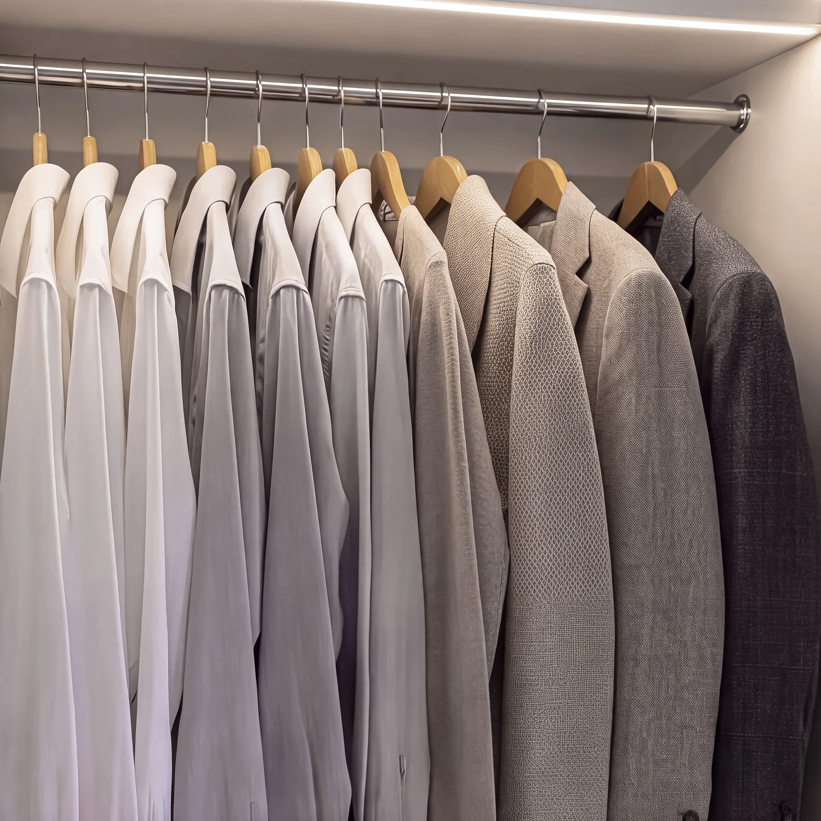 Close-up of shirts and jackets on a lit wardrobe hanging rail