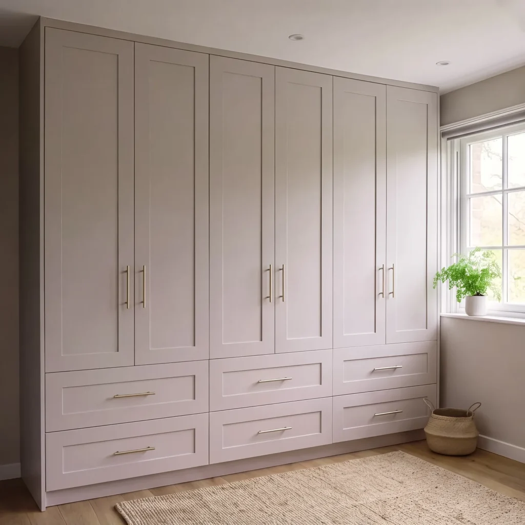 Pale grey shaker wardrobes with drawers below, next to a window and potted plant