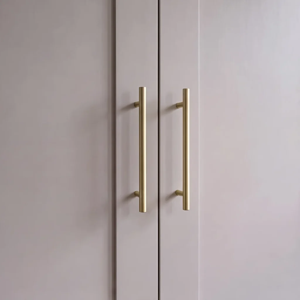 Close-up of long brass bar handles on pale grey shaker wardrobe doors